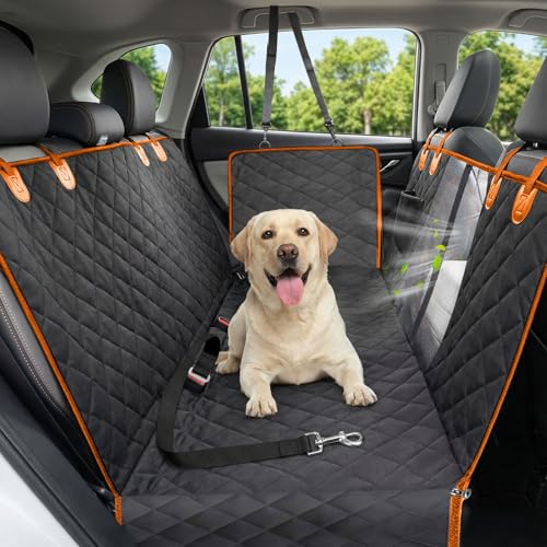 Dog Car Seat Cover, 600D Heavy Durable Dog Seat Cover for Back Seat, 100% Waterproof Scratch Proof Nonslip Dog Hammock for Car with Side Flap, Pet Seat Covers with SeatBelt for Cars Sedan SUV Trucks