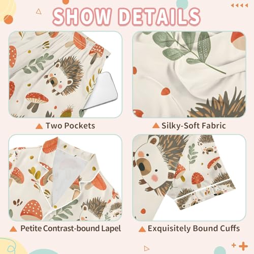 senya Hedgehog Mushrooms Satin Summer Pajama Sets Silk Short Sleeve Button Down Sleepwear3