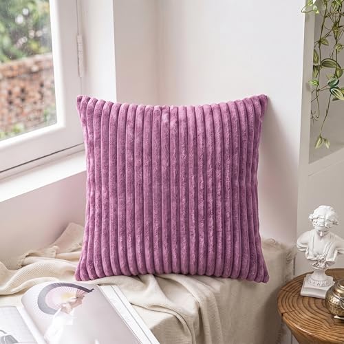 Image of Yellow Weaves Pencil-Stripe Fur Cushion Covers | Soft Polyester | Decorative Sofa & Throw Pillow Covers | 16x16 Inches, Pack of 1 (Purple)