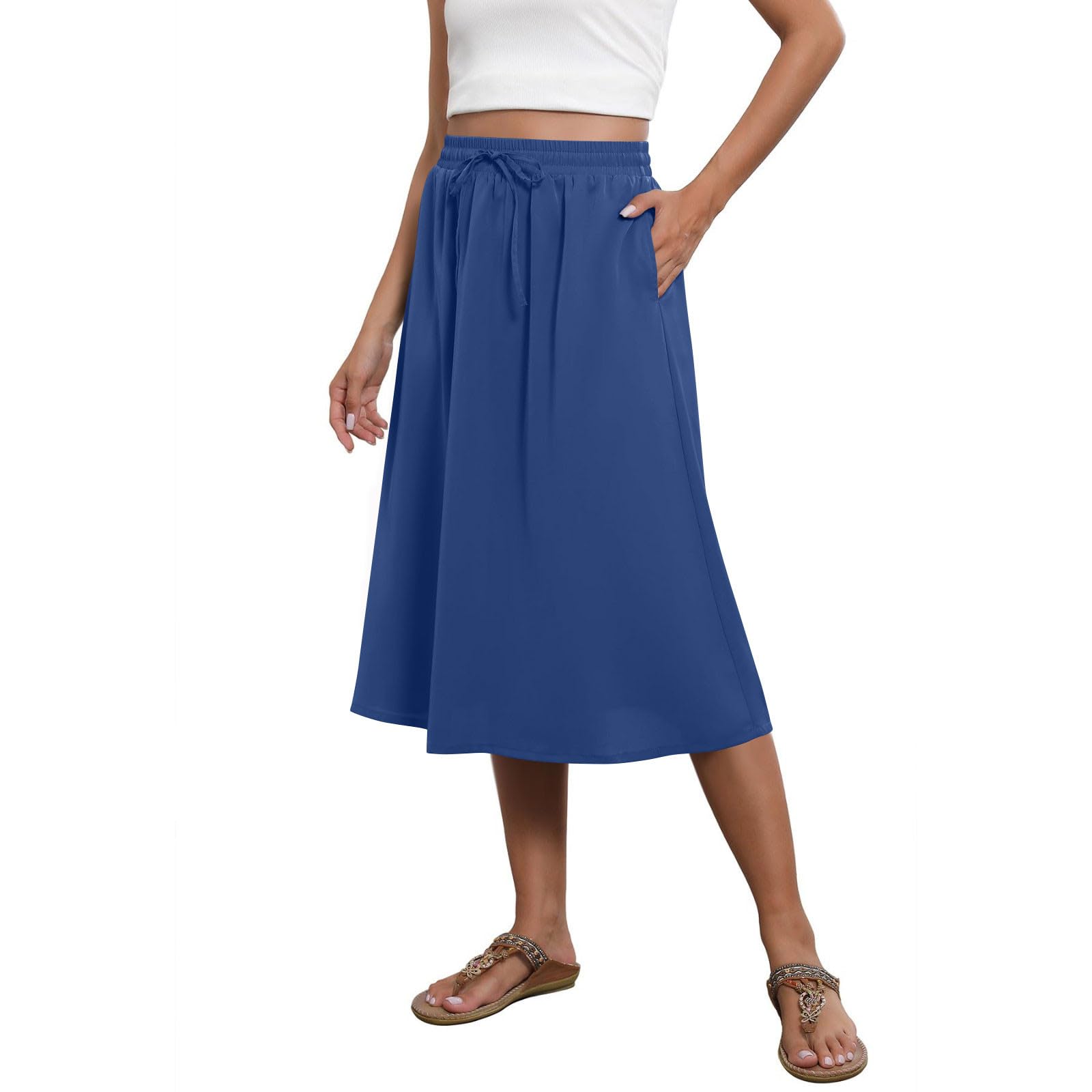 Women Casual Skirt High Waisted Elastic Flowy Drawstring Midi A-Line Skirts Solid Color Fashion Skirt with Pockets