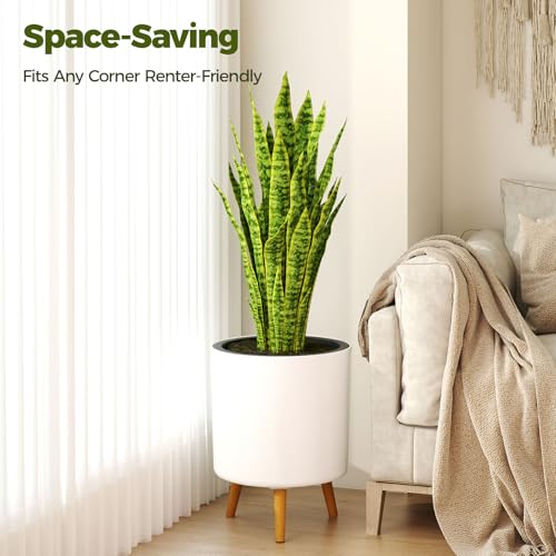 Bamworld Self Watering Pots for Indoor Plants with Water Level Indicator 12 inch Plant Pot Plastic Planter with Wooden Stand for Outdoor Plants Modern Décor for Porch Patio White Large by Bamworld - Image 4