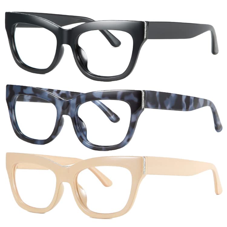 Image of 3Pack Bling Square Cateye Reading Glasses For Women Men Spring Hinges Blue Light Blocking Computer Readers (black /blue /champagne, 2.25, multiplier x)