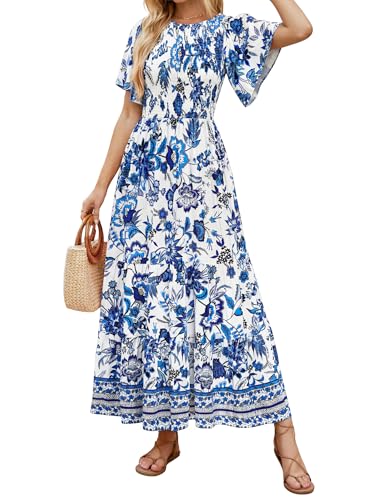 Image of ZESICA Women's 2026 Summer Boho Floral Maxi Dresses Casual Short Flutter Sleeve Smocked Tiered Flowy Dress