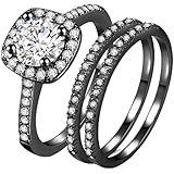 Silver Rose Gold Three-in-One Wedding Engagement Bridal Halo Ring Set (Black, 13.5)