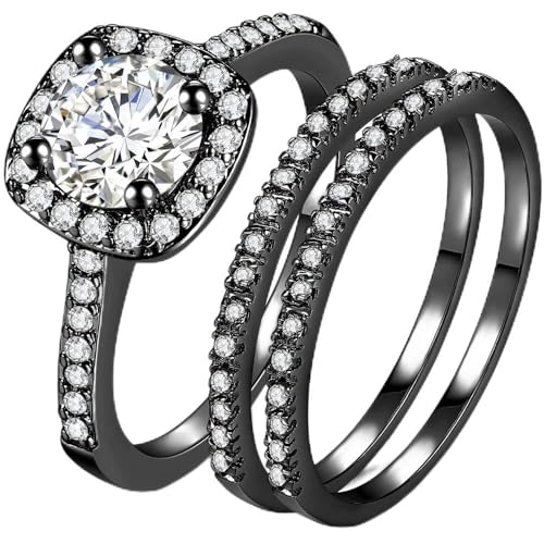 Silver Rose Gold Three-in-One Wedding Engagement Bridal Halo Ring Set (Black, 13.5)