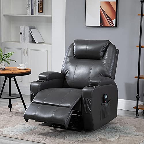 Leather Electric Reclining Massage Sofa 8-Point Vibration Heats, Dark Grey Lounge Chair Recliner Chair Comfy Chair Living Room Furniture Indoor Recliner Reclining Chair Home recliners