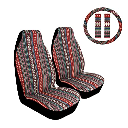 Mictoc Boho Seat Covers For Cars 5Pcs Multi-Color Tribal Ethnic Style Striped Woven Blanket Hippie Seat Cover With 15" Steering Wheel Cover And Seat Belt Covers Fit For Auto Suv Van #TOP4