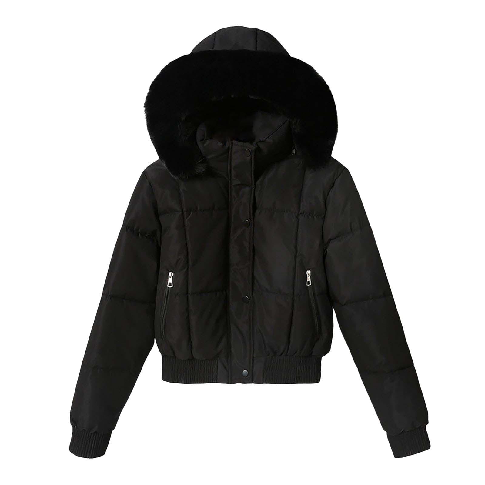 Womens Winter Puffer Jacket Faux Fur Hood Quilted Zip Long Sleeve Jacket Lightweight Thermal Down Jacket with Pocket