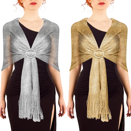 Scettar 2 Piezas Chales Metálicos Brillantes con Hebilla para Mujer Chal Plateado Chal Dorado Mujer Fiesta Boda Elegante Pañuelo Entallado con Flecos para Boda, Fiesta, Comuniones, Eventos de Noche