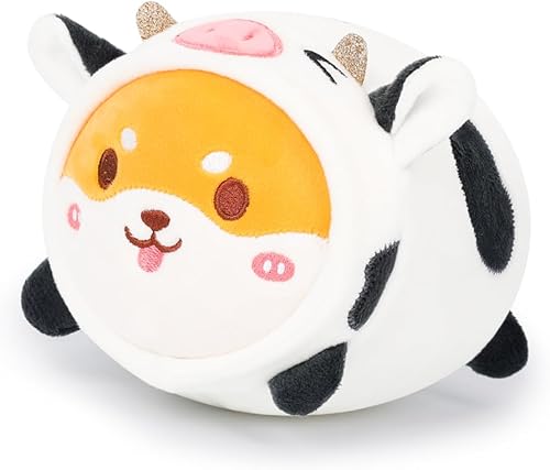 AIXINI Linda almohada de peluche Shiba Inu de vaca de 8 pulgadas, animal de peluche de vaca Akita, suave Kawaii Shiba Inu con disfraz de vaca,