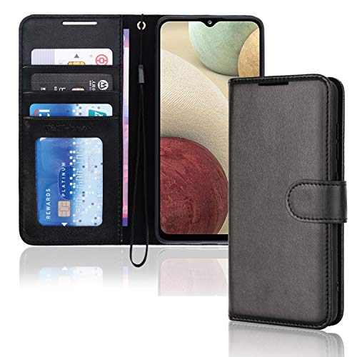 TECHGEAR Galaxy A12 Cover - Custodia Portafoglio in Pelle Sintetica con TPU Antiurto, Funzione di Supporto con Slot per Schede e Cinturino da Polso per Samsung Galaxy A12 - Nero