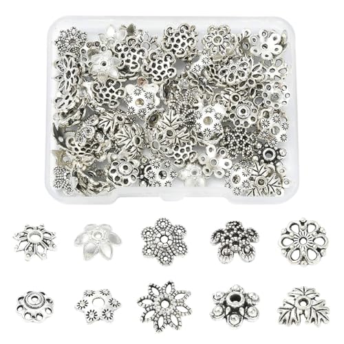 DanLingJewelry 100 tapas de cuentas de flores de metal tibetano sin estilo mixto, de plata envejecida, espaciadores florales para joyería, pulseras, manualidades
