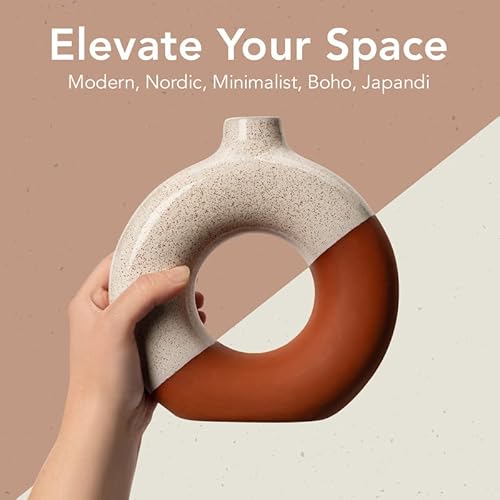 Circle Vase – White And Terracotta Donut Vase – Nordic Vase For Stylish Modern Minimalist Home Decor - Ceramic Vase For Pampas Grass - Geometric Vase #TOP2