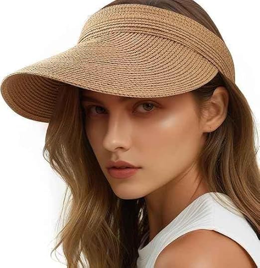 Straw Hat Sun Cap for Women,Wide Brim Beach Hat for Women UV Protection Cap,Summer Packable Topper -UPF 50+, Korean Style Ponytail Topless Sun Visor (Brown)-image-29