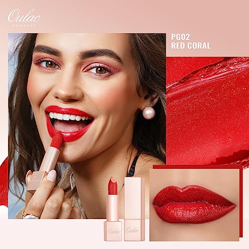 Oulac Red Shimmer Lipstick for Women, Moisture Tinted Lip Balm for Dry Lips Creamy Formula, Hydrating & Smooth - Image 2