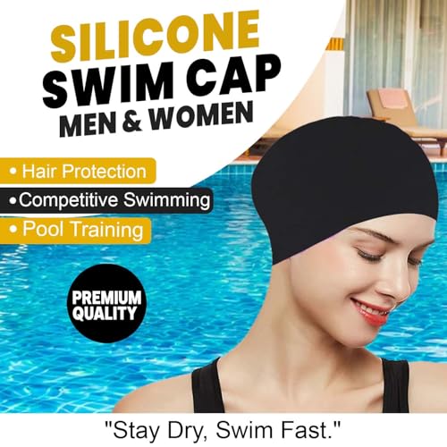Image of MAJIK Silicone Swimming Cap for Men, Women and Kids Waterproof Swim Cap with Easy Fit Swimming Accessories (Black)