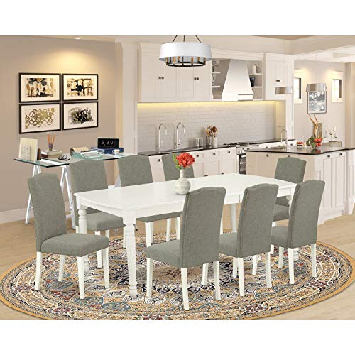 East West Furniture Dover 9 Piece Kitchen Set Includes a Rectangle Dining Table with Butterfly Leaf and 8 Dark Shitake Fabric Padded Chairs, 42x78 Inch, Linen White East West Furniture Dover 9 Piece Kitchen Set Includes a Rectangle Dining Table with Butterfly Leaf and 8 Dark Shitake Fabric Padded Chairs, 42x78 Inch, Linen White