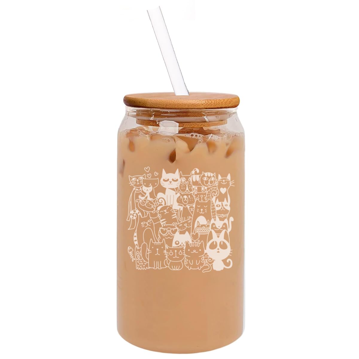 MIP 16oz Can Shaped Glass Iced Coffee Cup with Bamboo Lid and Straw Gift Cats FULL