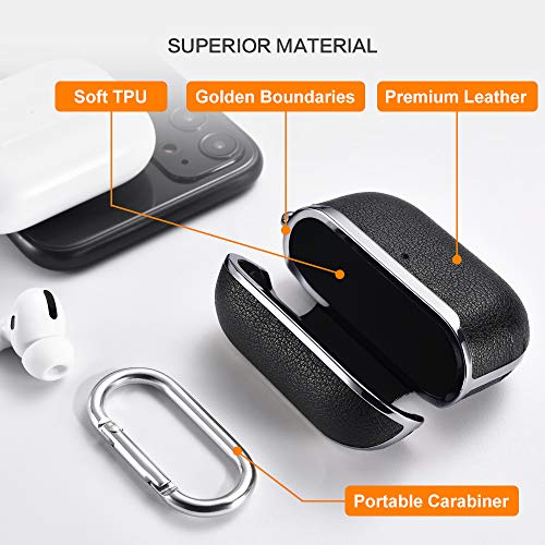Image of AirPods Pro Case Cover, ICARERSPACE Portable Black Leather Cover Case with Carabiner for Apple AirPods Pro Charging Case [Front LED Visible] [Support Wireless Charging] - Gun Black Plated
