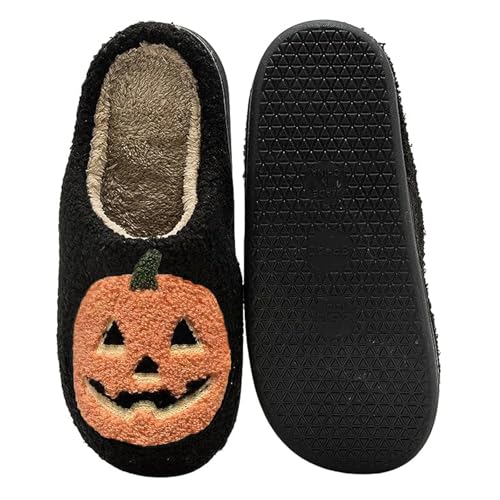 Image of Halloween Pumpkin Slippers for Womens Mens Plush Warm Spooky Lantern Pumpkin Slippers House Shoes
