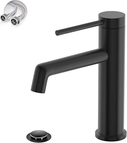 Miniatura 9 de Phiestina Grifo de baño de oro cepillado, grifo de lavabo de baño de una sola manija, con línea de suministro de agua y drenaje desplegable de