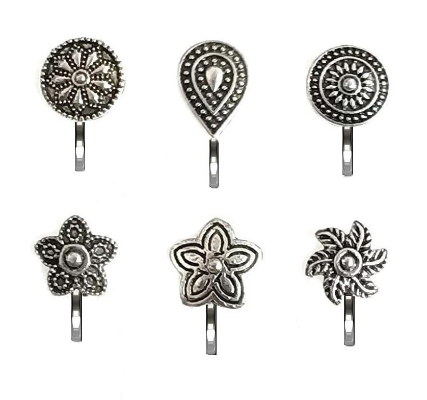 VAMAFASHIONS Without Piercing Nosering Pressing Type Clip on Oxidised Silver nose pin Stud for women