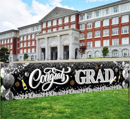 Image of 2026 Graduation Decorations-Black and Silver Congrats Grad Yard Sign Banner Decoration for Class of 2026 Graduation Party Supplies