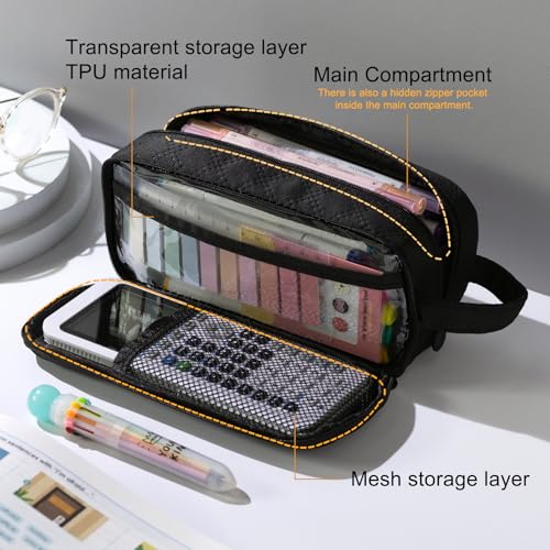 Image of EASTHILL Large Capacity Pencil Case Cute Pencil Pouch with Handle Stationery Pen Bag for Teen Girls-Black