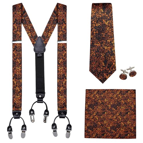 Image of Barry.Wang Men Suspender Set with Necktie Elastic Y Type Heavy Duty 6 Clips Braces Tie Handkerchief Cufflink Pin 6PCS