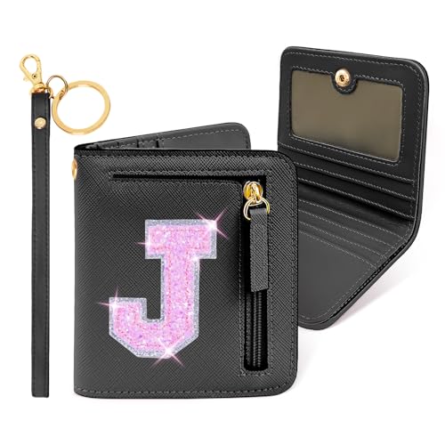 Image of COSHAYSOO Initial Wallet RFID Small Bifold Slim Letter Wallet for Women Teenager Girls Travel Daily Necessities Credit Cards Money Cash Coin Organizer, Black, Compact, J