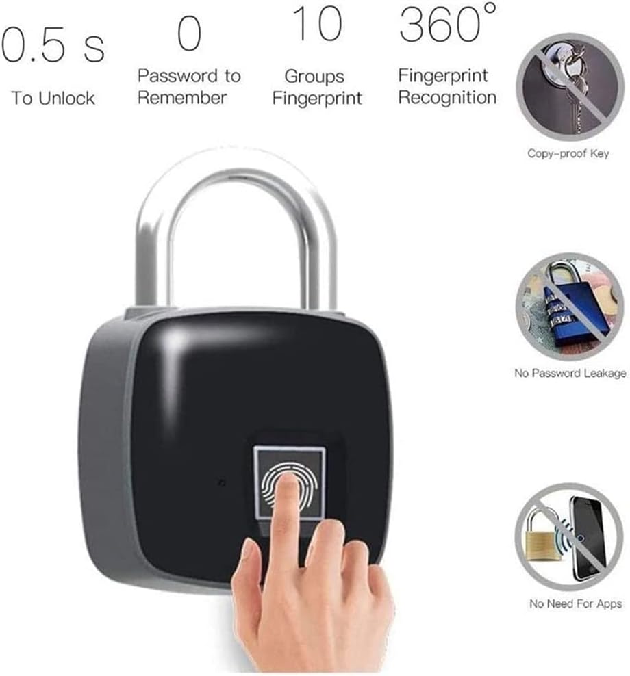 Fingerprint Padlock, Metal Waterproof, Smart Security Lock, USB Rechargeable, Suitable for House Door, Suitcase, Backpack, Gym, Bike, Office, Black