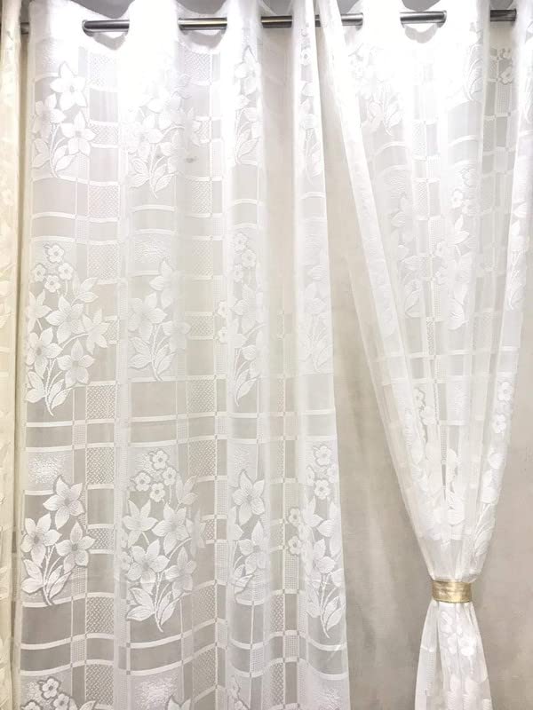 MACPAS Polyester Linen Semi Sheer Transparent Tissu Classical Floral Print Long Door Curtain (4X9Feet) Set with Eyelet Ring Draperies for Living Room,Office,Hotels Room,Balcony Pack of 1 White