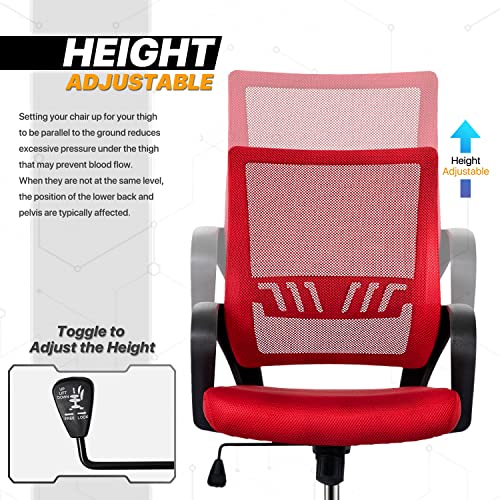 Monibloom Mesh Office Home Chair, Mid Back Ergonomic Rolling Swivel Chair With Padded Seat And Armrest, 250 Lbs Capacity, Red #TOP5