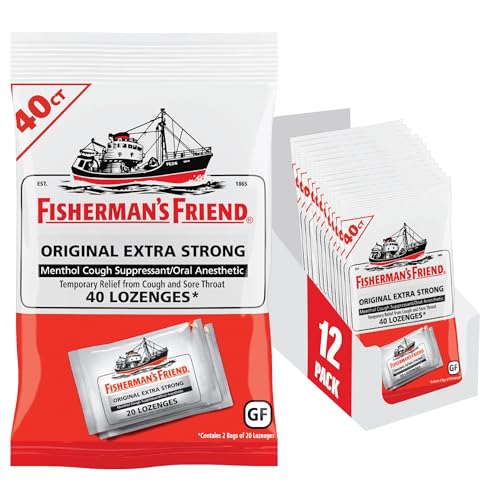 Fisherman's Friend Cough Drops, Cough Suppressant and Sore Throat Lozenges, Original Extra Strong, 10mg Menthol, 480 Drops (12 Packs of 40)