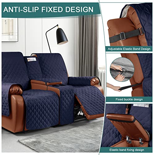 Image of Ruaozz Waterproof Recliner Loveseat with Console, Non-Slip Couch Cover for Double Recliner Split Sofa with Elastic Straps for Kids, Dogs, Pets (Dark Blue, 2 Seater)