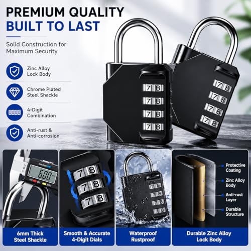 Image of 4 Digit Combination Padlocks, Long Shackle Resettable Security Locks, Weatherproof Zinc Alloy Body, Heavy Duty Lock for School Lockers, Gym Lockers, Gates, Fences, Storage Units & Luggage (3 Pack)