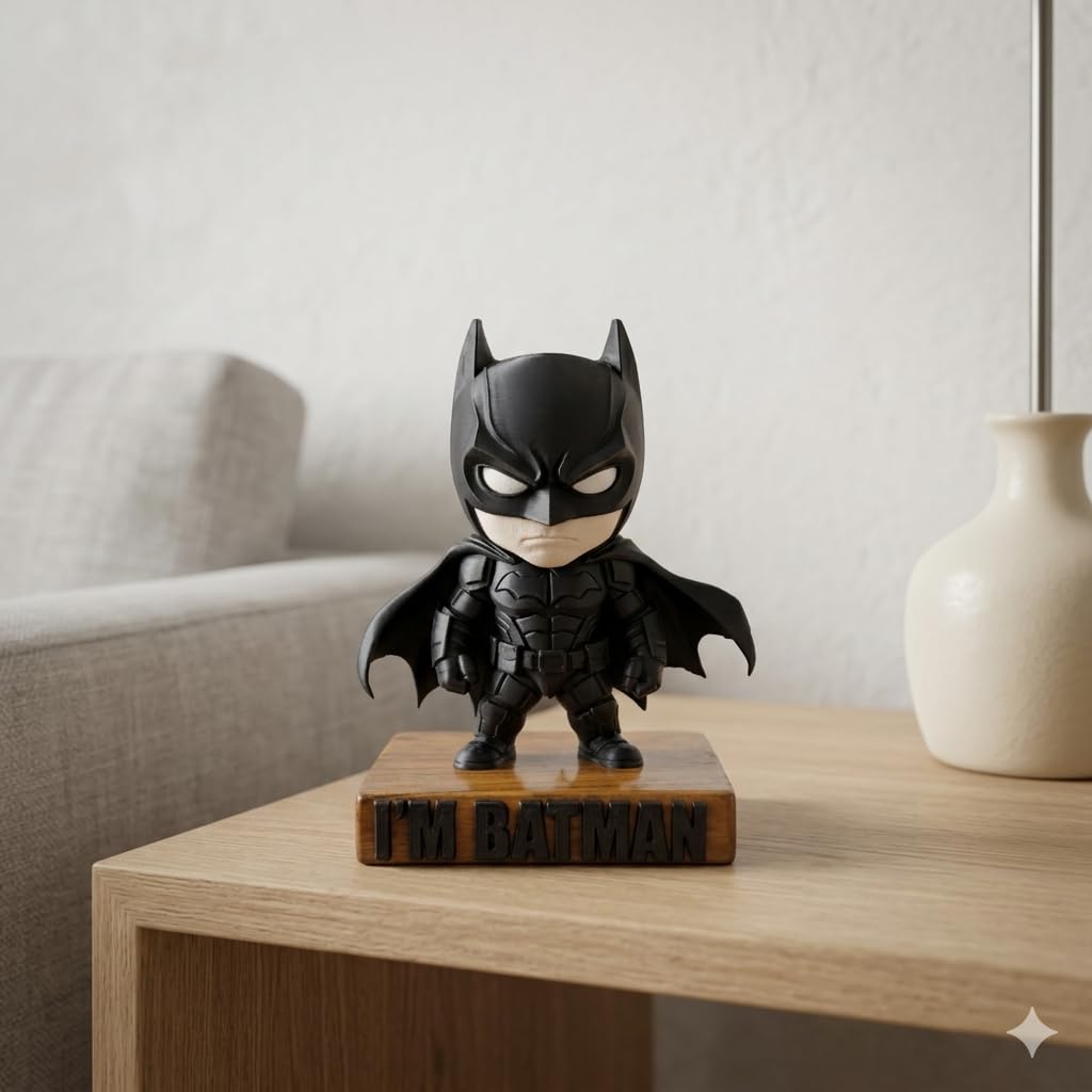 Batman Figurine with Wooden Base | Matte Black Superhero Desk Decor | Collectible Gift for Fans | Durable PLA with Teak Wood Base | Modern Matte Finish Figurine for Office & Home Display-image-40