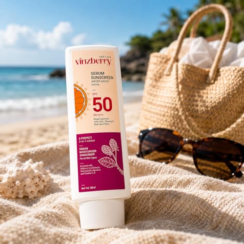 Image of VINZBERRY SPF 50 Sunscreen for Face PA++++ | 3-in-1 Serum Sunscreen + Moisturizer | Lightweight Water-Based Sunscreen | No White Cast | Daily Hydration for All Skin Types | 80 ml
