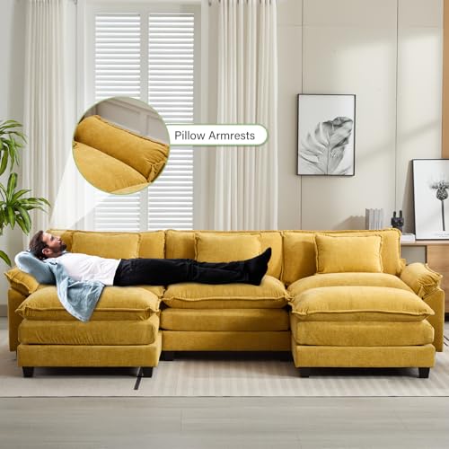 Image of Oprisen 120 inch Modular Sectional Sofa, Comfy Cloud Couch Sectional Sofa with Ottoman, Chenille Sofa Sleeper Deep Seat Sofa with Throw Pillows for Living Room (Yellow, 120 inch- U Shape)