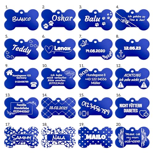 Unikat Branding | Erkennungsmarken im Singlepack | Hund, Katze und Herrchen | Hundemarke personalisiert | Beidseitig mit Gravur | Knochen | 38 mm (Blau)