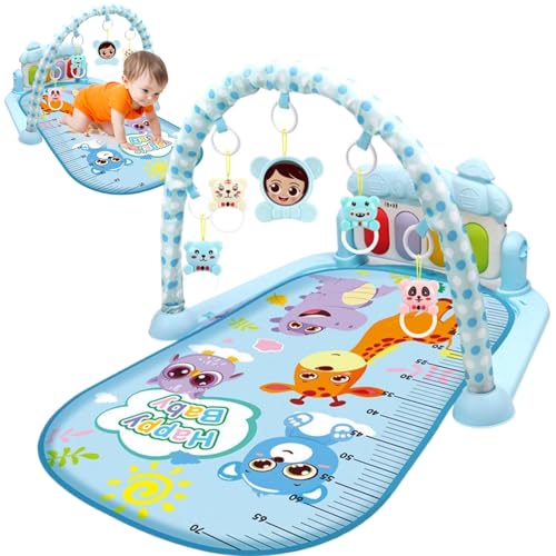 Centro de actividades para bebés con Música y Light Safe & Easy Baby Gym Play Mat con Mat de juego colgante de sonajeros con tablero ajustable para recién nacidos y niños pequeños azules, gimnasio