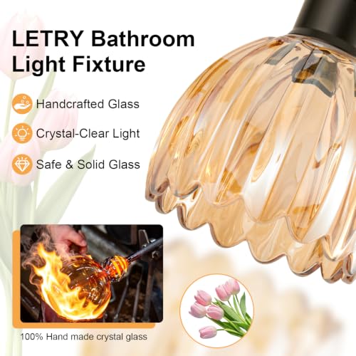 Image of Bathroom Light Fixtures, 3-Light Brushed Black Vanity Lights for Bathroom with Amber Tulip Glass Shade, 20 inch Vintage Bathroom Vanity Lighting Fixtures Over Mirror for Bedroom Living Room Hallway