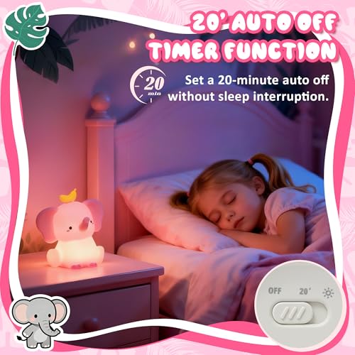 Image of Ammonite Pink Elephant Night Light, Soft Silicone Elephant Nursery Lamp with 2 Dimming Levels and 20-Minute Timer, Touch Control Nightlight for Bedroom Decor, Christmas Birthday Gift