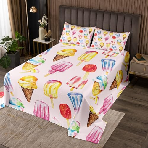 Erosebridal Ice Cream Coverlet Set,Oil Painting Popsicles Quilt Set Twin Size for Kids Boys Girls,Summer Themed Bed Cover,Yummy Food Bedspread Set
