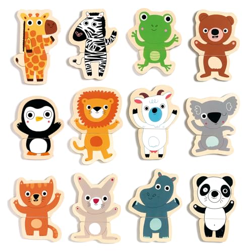 DJECO Puzzle Magnétique dès 2 Ans (24 Pièces en Bois) - Design Jungle - 12 Animaux de 2 Pièces et Boîte de Rangement - Créativité pour Tout Petits