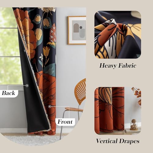 Image of Tyrot Black Boho Floral Grommet Blackout Curtains, 52W x 108L, 2 Panels