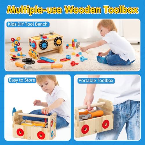 Lehoo Castle Montessori Spielzeug ab 2 Jahre Junge, Werkzeugkoffer Werkbank Kinderspielzeug, 29 Stück Werkzeug Holz Motorikspielzeug, Geschenk Junge Mädchen Lernspiele 2 3 4 Jahre