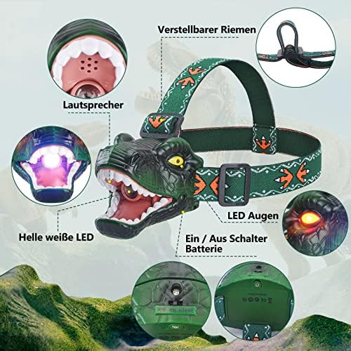 SYLSTAR Dinosaur LED Kids Head Torch, Portable Ultralight LED Headlamp with 6 Lighting Modes and Realistic Roar Sound, Children's Camping Toy for Children, Gifts for Birthday, Christmas