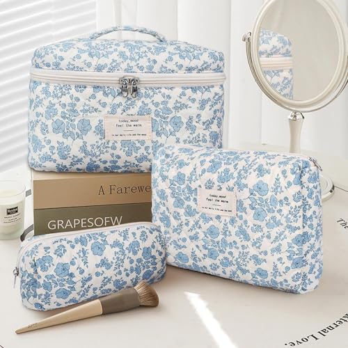 Floral Makeup Bag for Women, 3 Pcs Quilted Cosmetic Bag, Cute Flower Makeup Bags Set, Coquette Cotton Make Up Bag, Large Cosmetic Pouch, Aesthetic Travel Toiletry Organizer Bag4