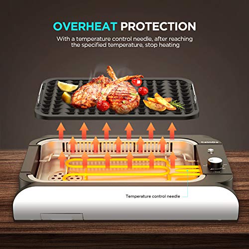 CalmDo Indoor Smokeless Grill, Electric BBQ Grill and Non-Stick Griddle Plates with 3 Temperature Control, Removable Drip Tray, Tempered Glass Lid and 14\'\' X 7.9\'\' Grilling Surface